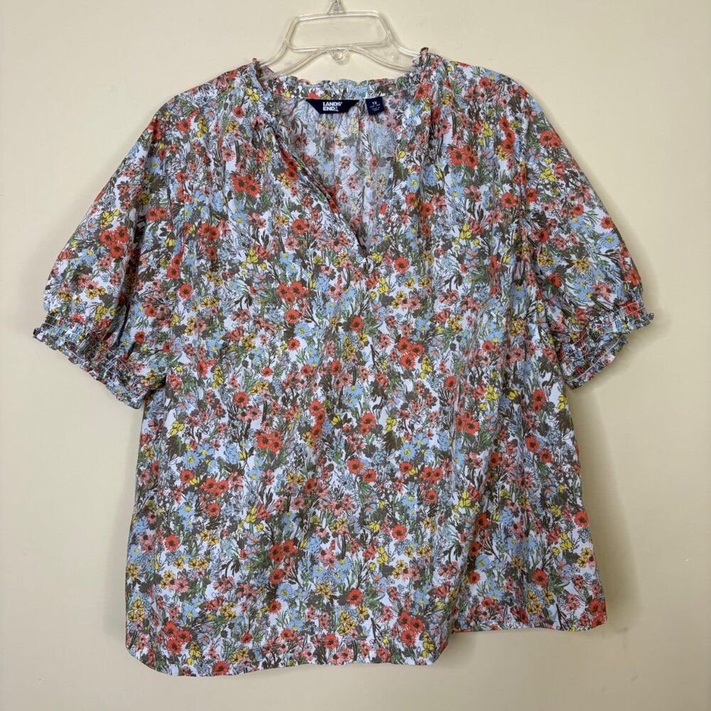 Lands End Womens Blouse 1X Floral 16W-18W Multicolor Cotton Smocked Cuffs